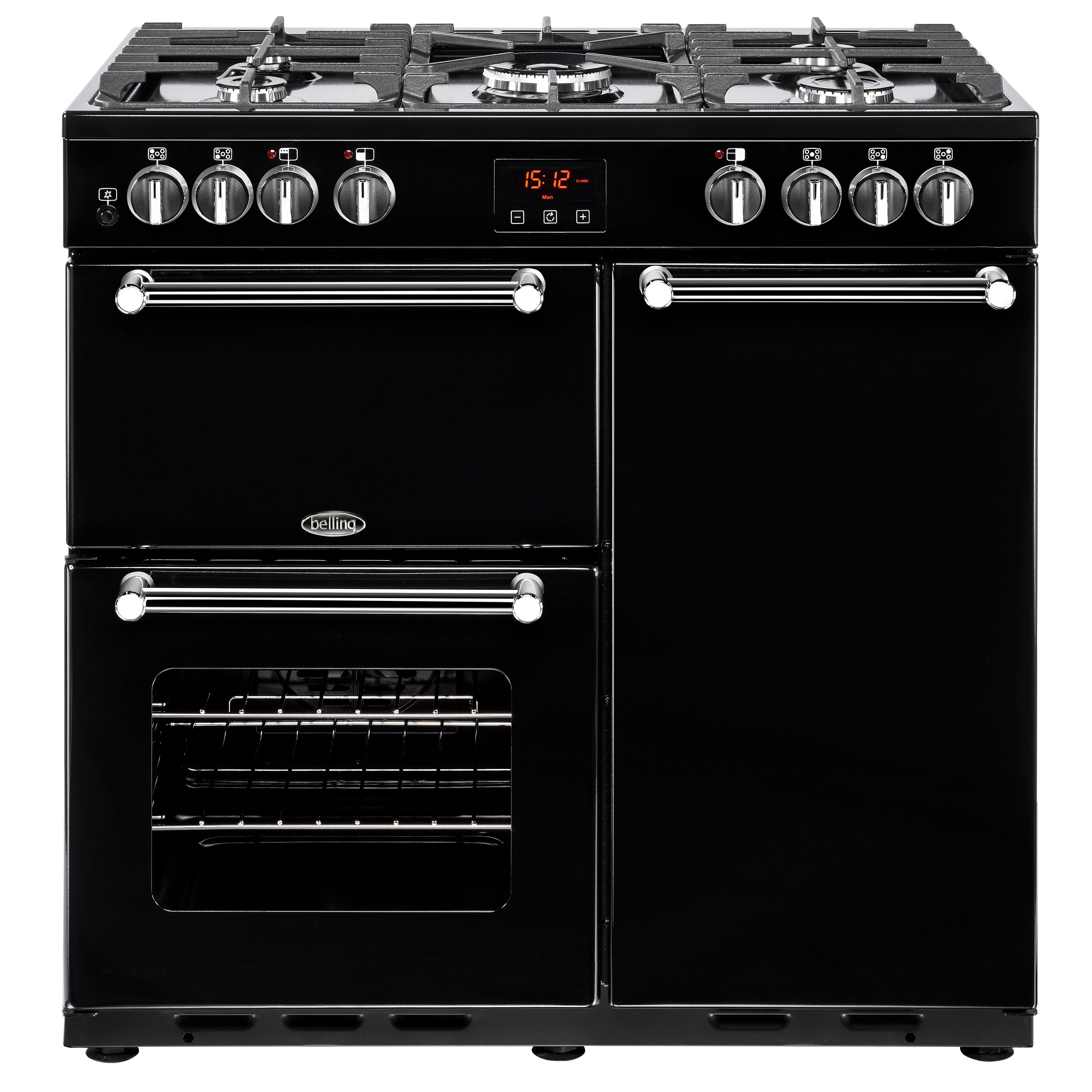 90cm dual fuel range cooker with 5 burner gas hob, conventional electric oven & grill, fanned main oven and tall fanned oven.