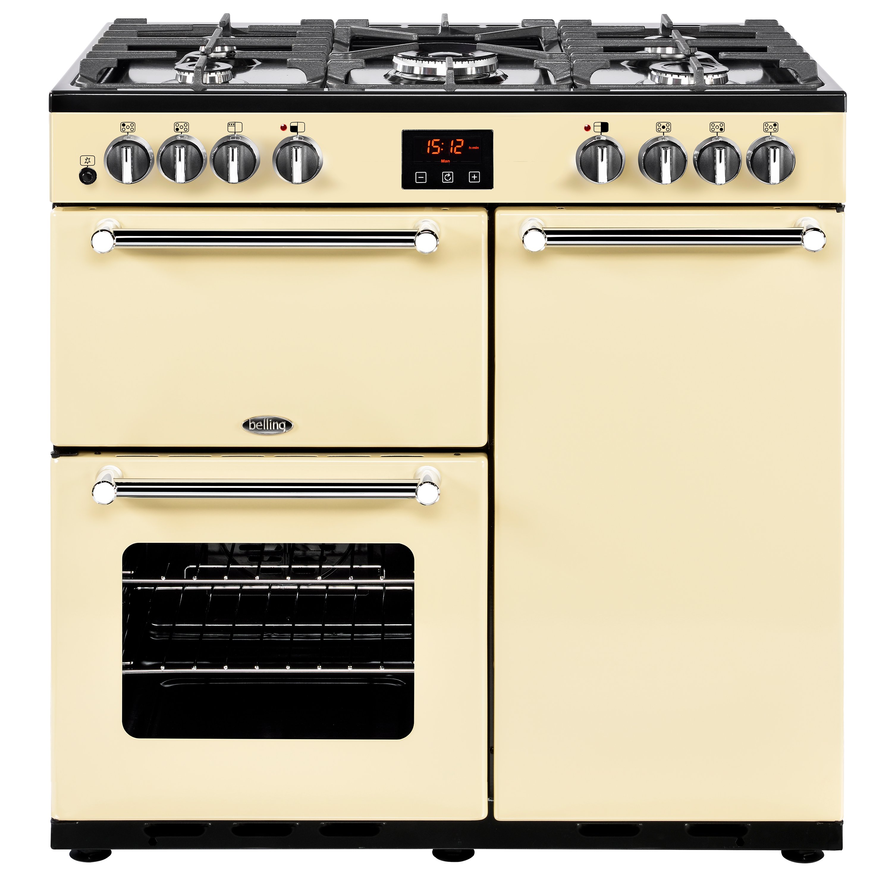 90cm dual fuel range cooker with 5 burner gas hob, conventional electric oven & grill, fanned main oven and tall fanned oven.
