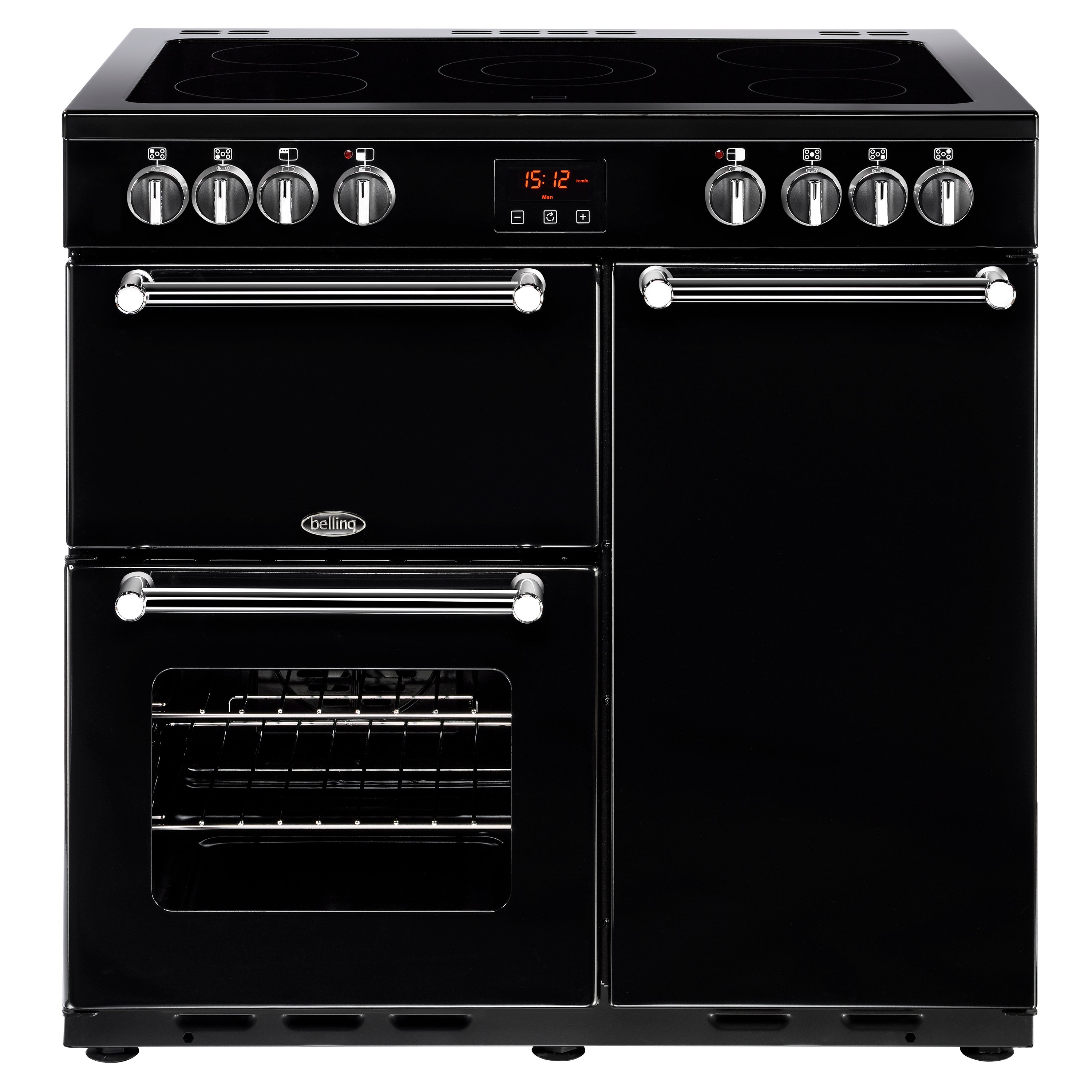 90cm electric range cooker with 5 zone ceramic hob, conventional oven & grill, fanned main oven and tall fanned oven.