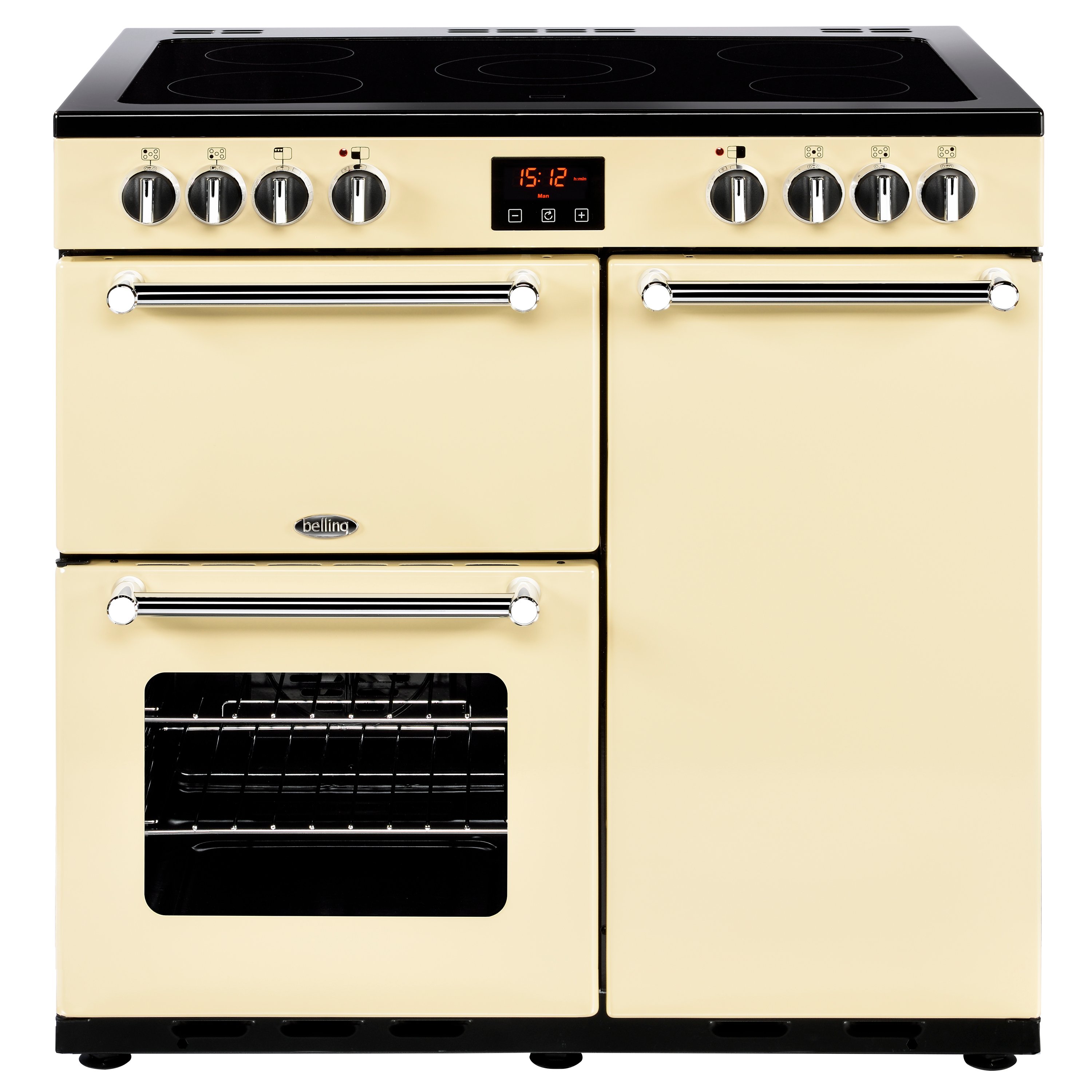 90cm electric range cooker with 5 zone ceramic hob, conventional oven & grill, fanned main oven and tall fanned oven.