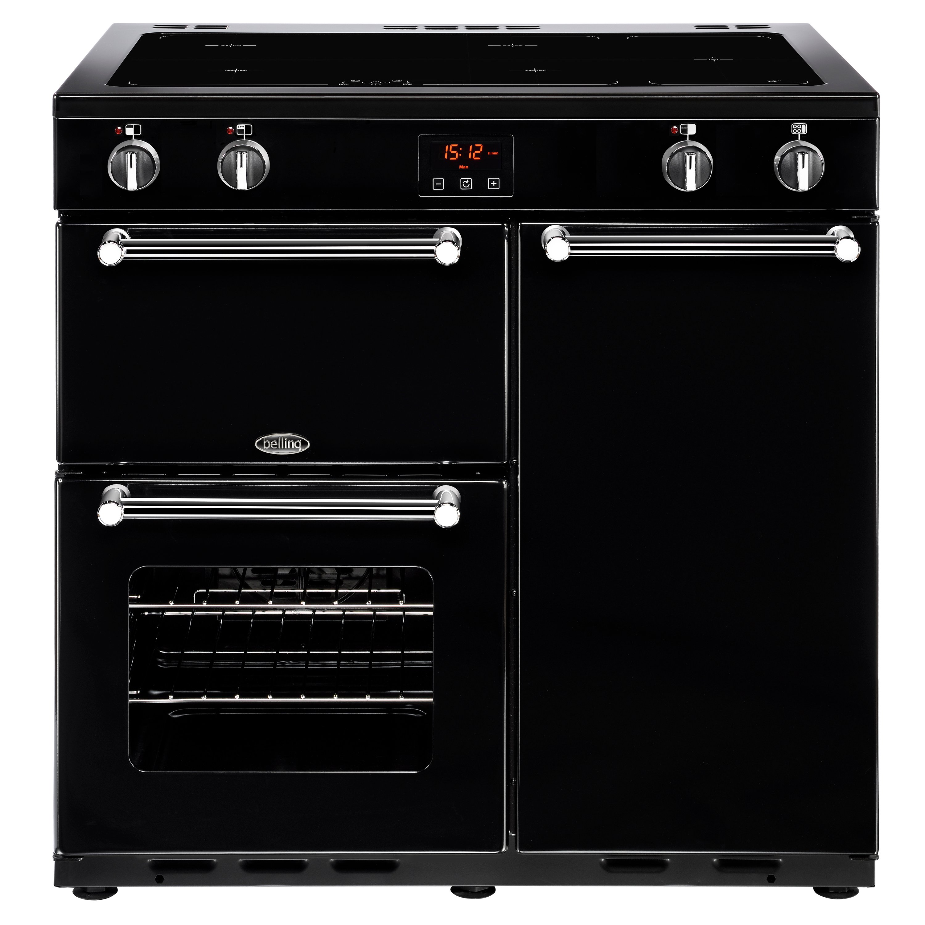 90cm electric range cooker with 4 zone induction hob, additional warming zone, conventional oven and grill, fanned main oven and tall fanned oven. Requires 32A connection.