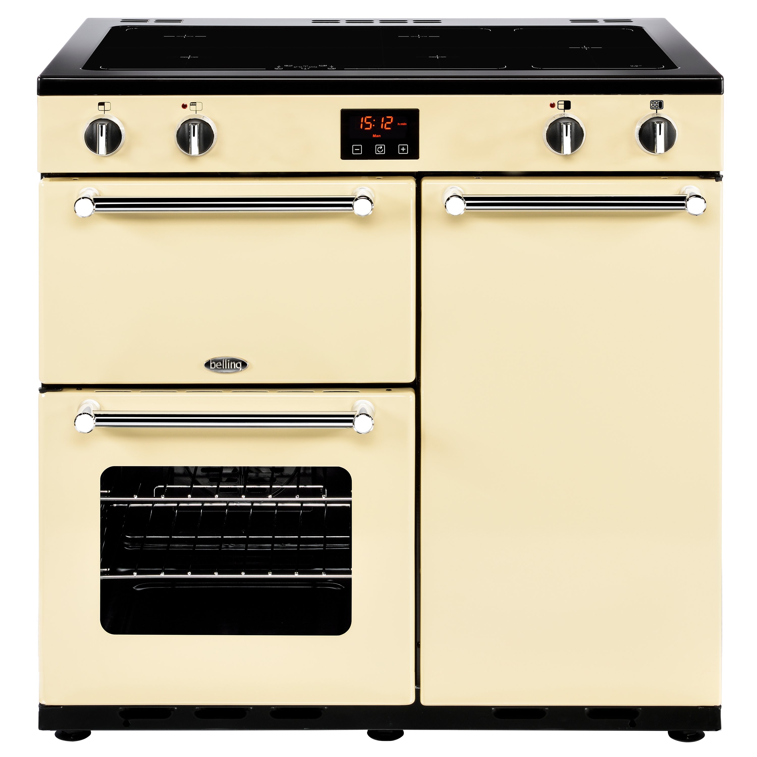 90cm electric range cooker with 4 zone induction hob, additional warming zone, conventional oven and grill, fanned main oven and tall fanned oven. Requires 32A connection.