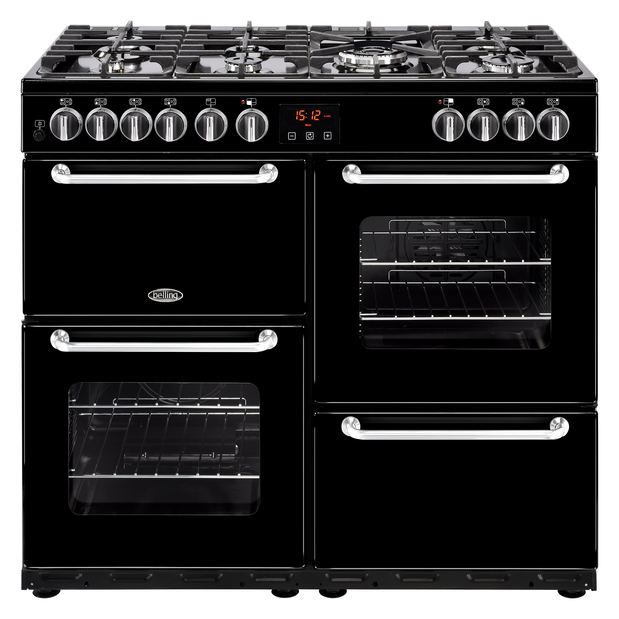 100cm dual fuel range cooker with 7 burner gas hob, variable rate electric grill, fanned main oven and conventional second oven.