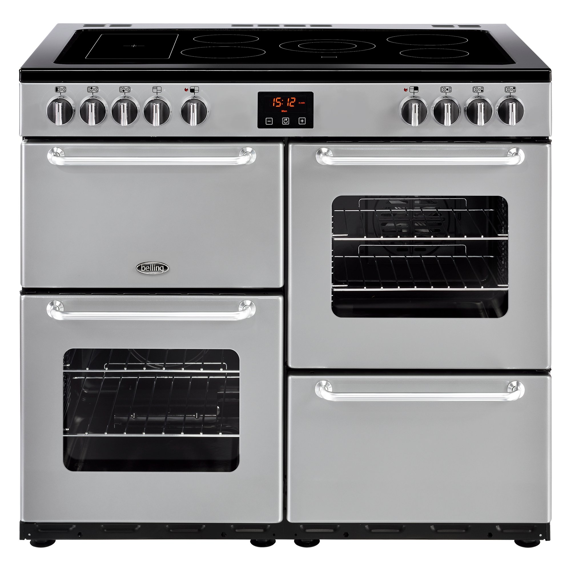 100cm electric range cooker with 5 zone ceramic hob and additional warming zone, variable rate electric grill, main fanned oven and a conventional second oven.