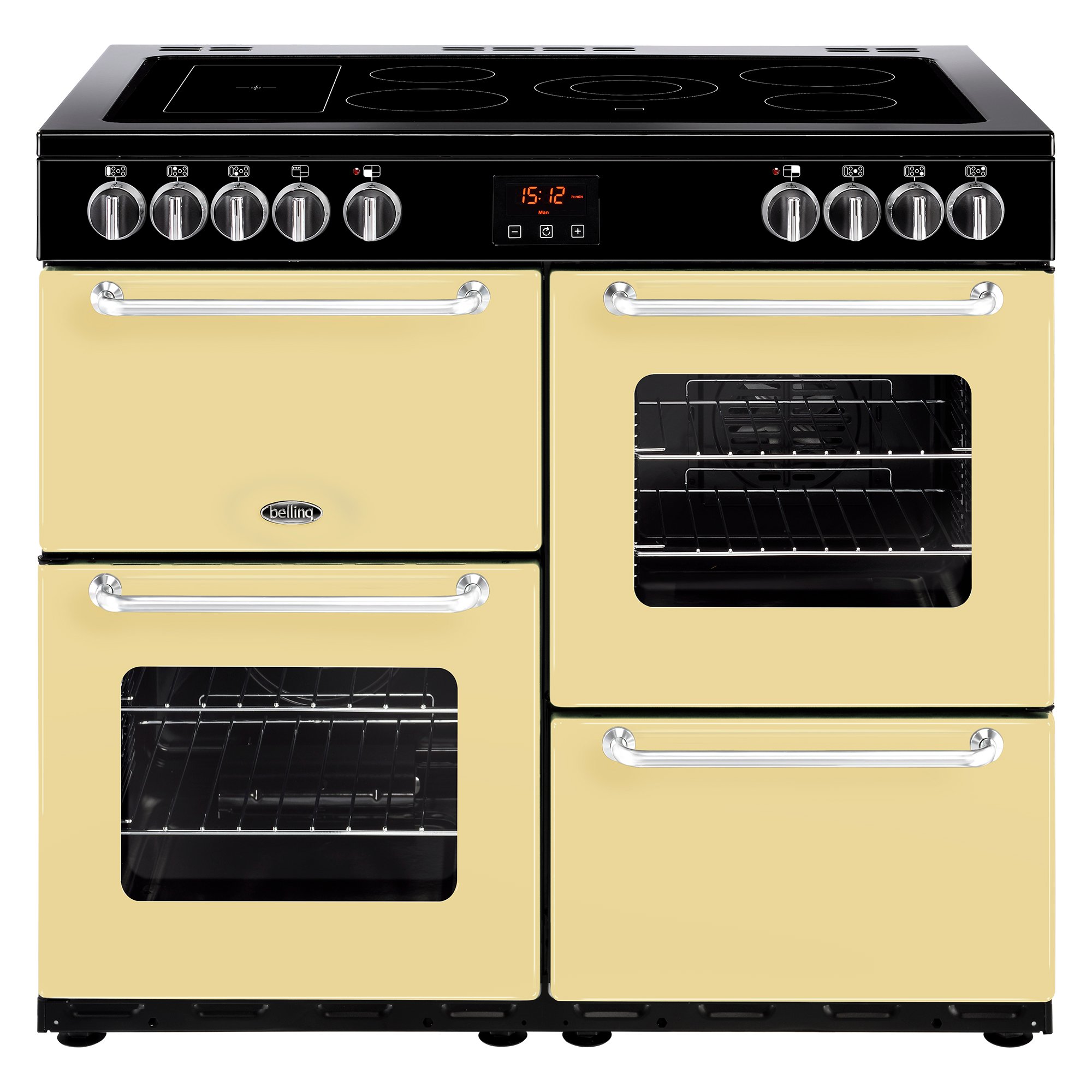 100cm electric range cooker with 5 zone ceramic hob and additional warming zone, variable rate electric grill, main fanned oven and a conventional second oven.