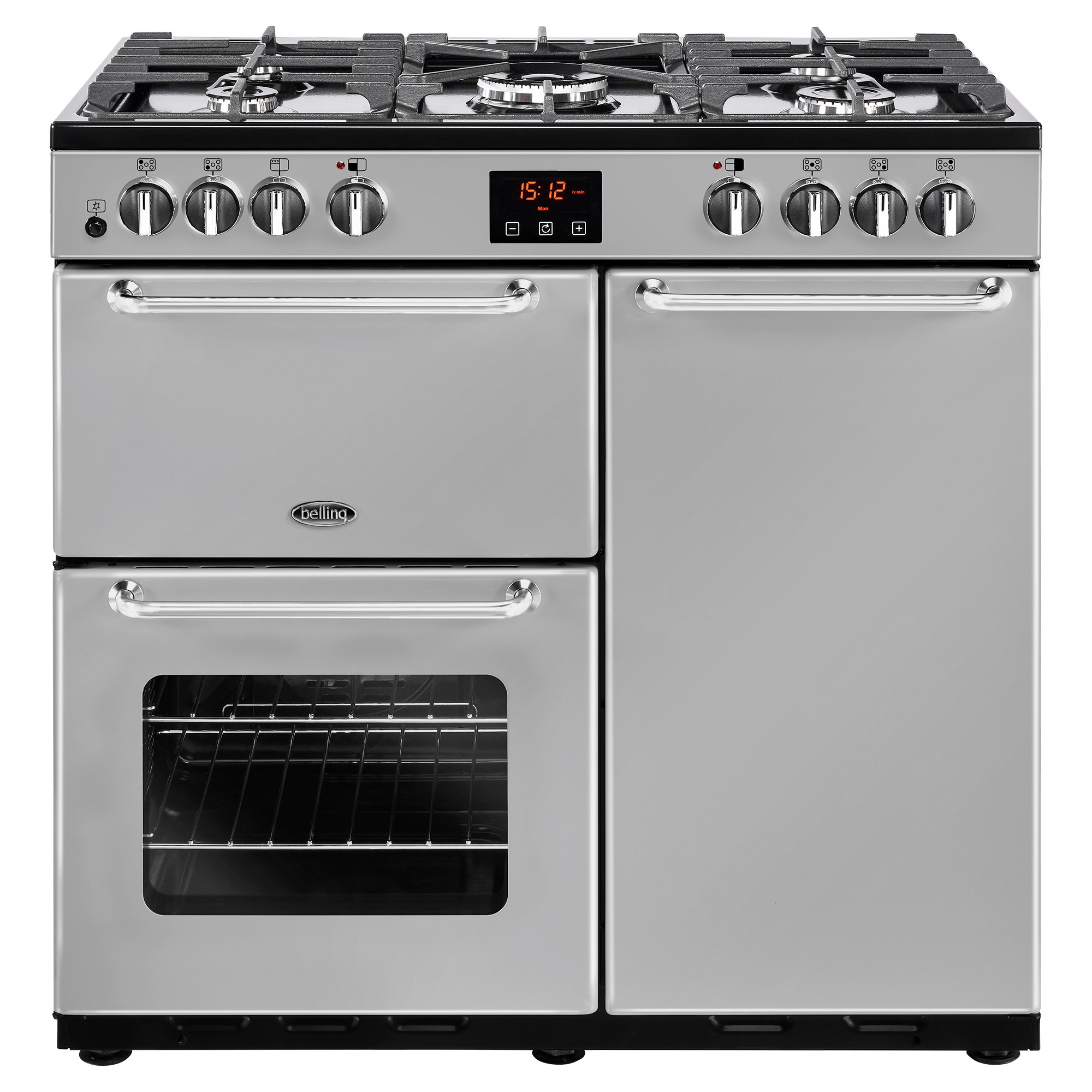 90cm dual fuel range cooker with 5 burner gas hob, variable electric grill, fanned main oven and tall fanned oven.